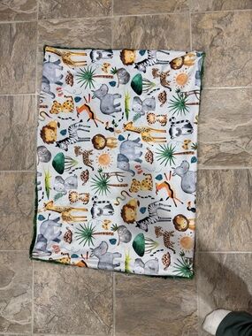 Safari Animal Baby Blanket - White with Green Trim